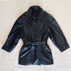 Vintage 90s BALLY black leather trench style coat with sewn-in belt